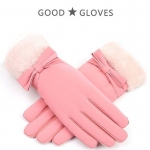 可觸屏加絨蝴蝶結保暖手套-粉色